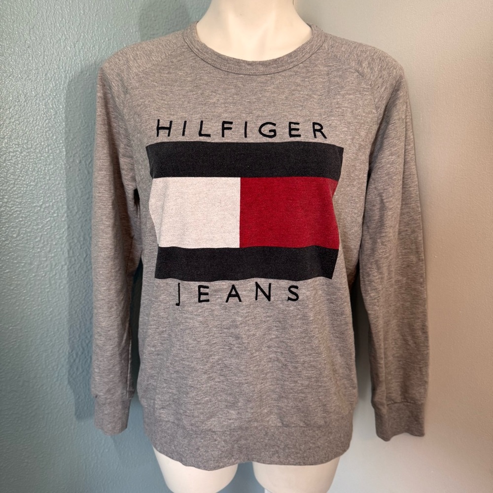 Tommy Hilfiger Gray Long Sleeve T-shirt Tee Top Hilfiger Jeans Logo Large